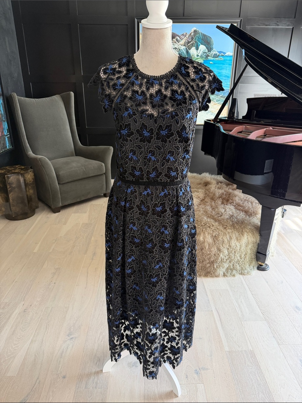 Shoshanna Black Lace Midi Dress with Blue Floral Embroidery